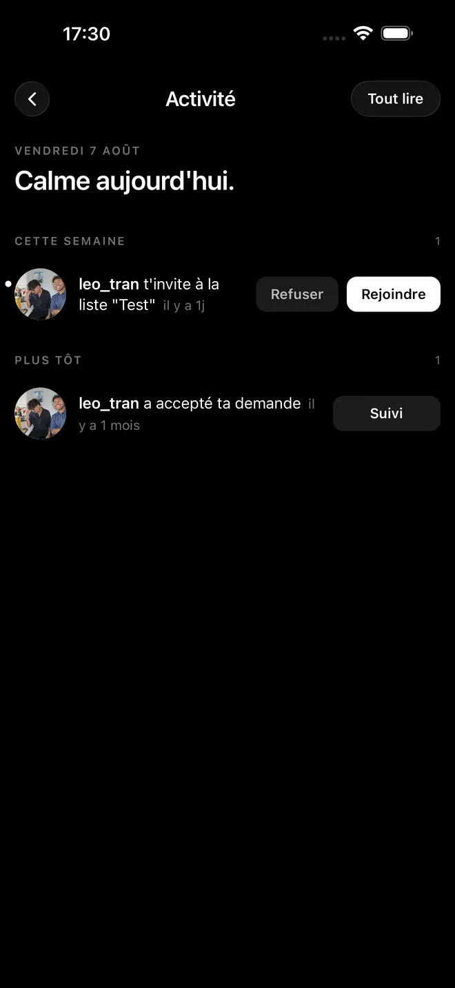 L'écran Activité de Proof, avec une invitation à rejoindre une liste