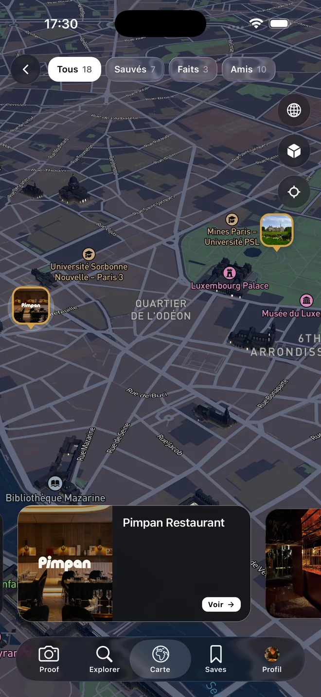 La carte 3D de Proof dans le quartier de l'Odéon, avec des pins photos