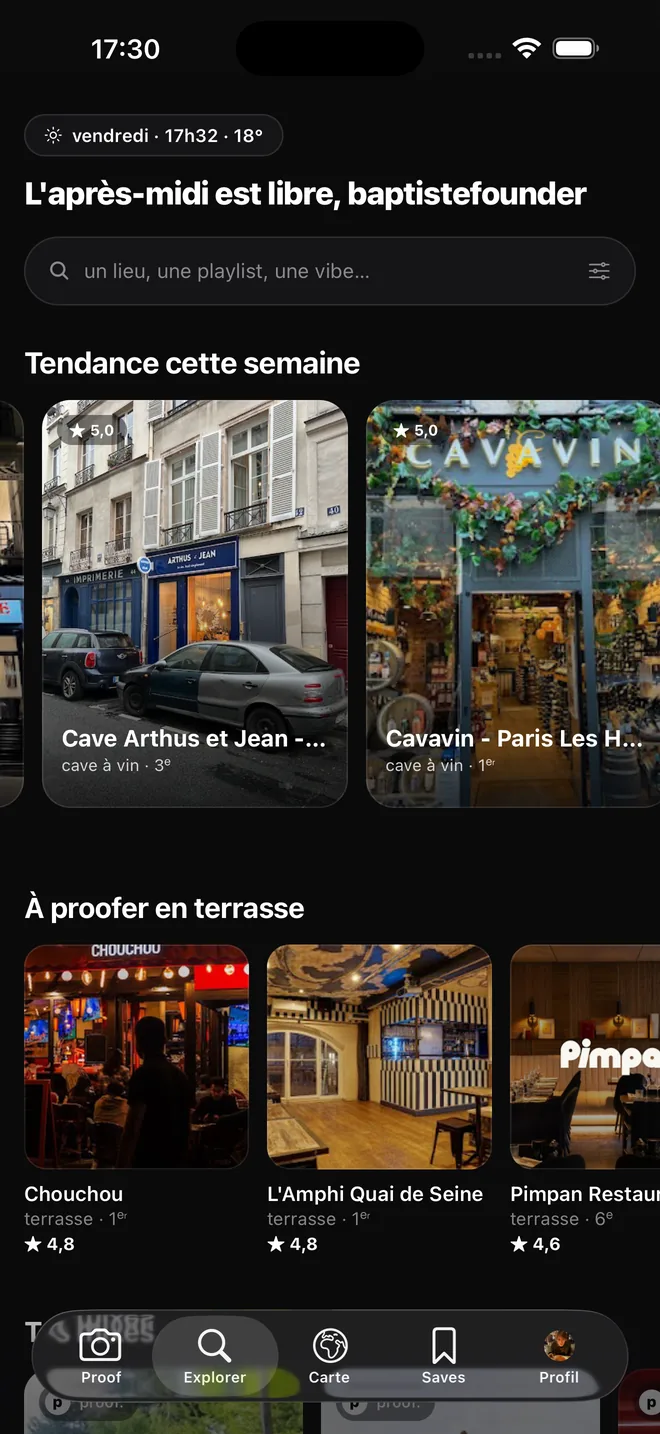 L'écran Explorer de Proof, avec des lieux tendance de la semaine