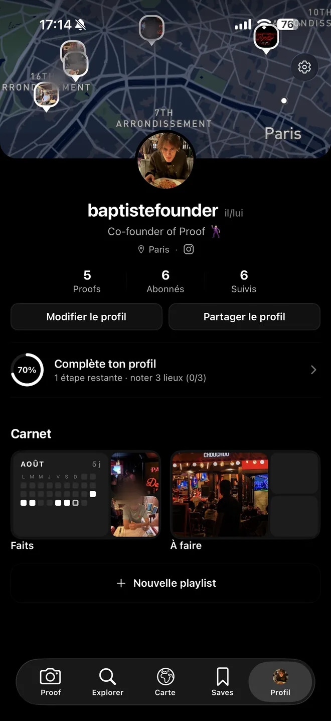 Un profil Proof, avec la carte des lieux prouvés en haut et le carnet en dessous
